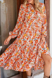 Bohemian Floral Print Loose Casual Long Sleeve Midi Dress