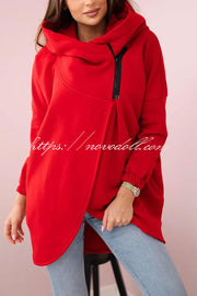 Solid Color Loose Hooded Zip-up Casual Sports Jacket