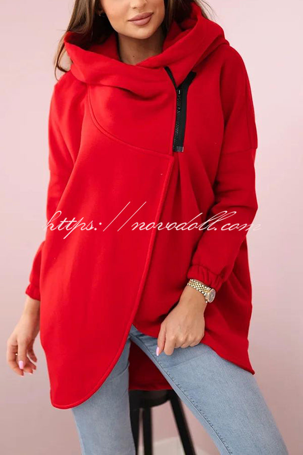 Solid Color Loose Hooded Zip-up Casual Sports Jacket