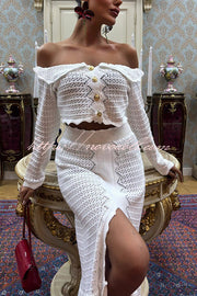 Fashion Knitted Off-the-shoulder Long-sleeved Top and Elastic Slit Maxi Skirt Set