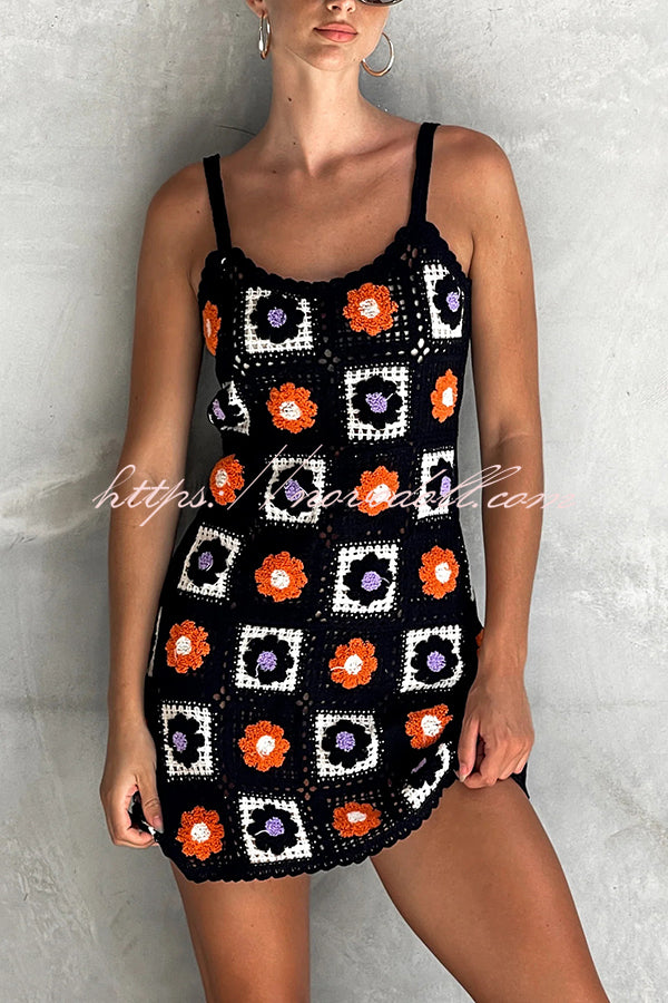 Embroidered Floral Strappy Knitted Mini Dress