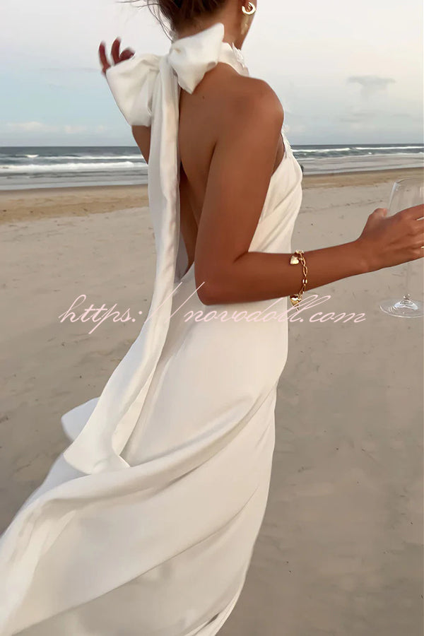 Floral Embellished Satin Halterneck Backless Resort Maxi Dress