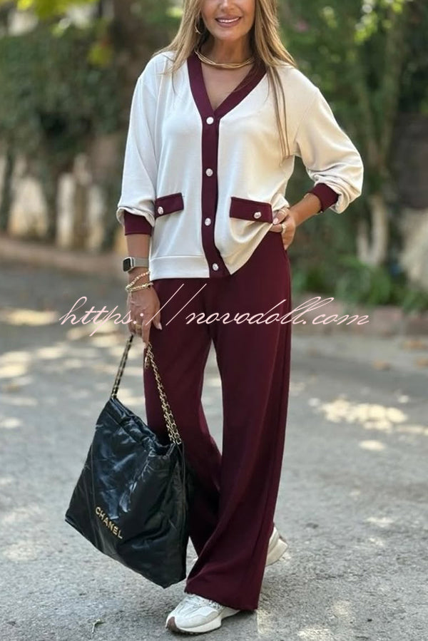 Stylish Color-blocked V-neck Knitted Button-down Cardigan and Elastic Waist Casual Wide-leg Pants Set
