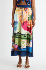 Seaside Holiday Satin Unique Print Knotted Scarf Top and Elastic Waist Loose Maxi Skirt Set