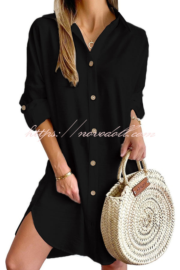 Solid Color Casual Button-Down Shirt Style Mini Dress