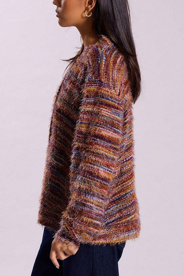 Fashionable Mixed Color Loose V-neck Casual Knit Cardigan