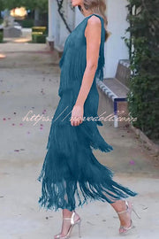 Stylish Fringed One Shoulder Asymmetric Midi Dress