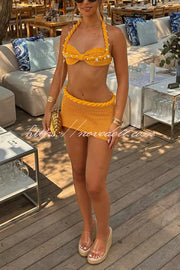 Sexy Halterneck Pearl-embellished Lace-up Tank and Fitted Knit Mini Skirt Set