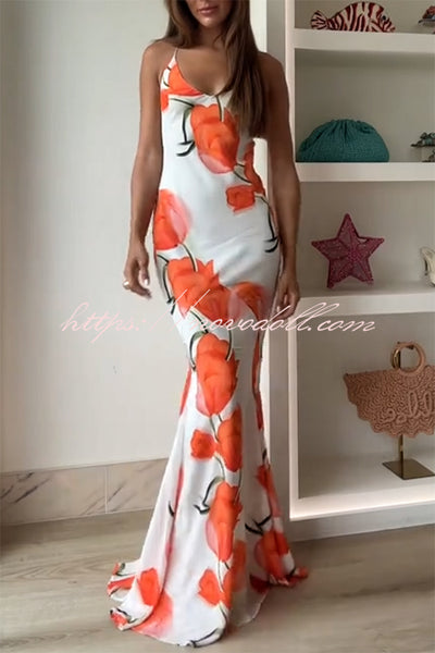 Charming Tulip Print Backless Crisscross Straps Flare Scarf Maxi Dress