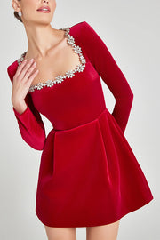 Endless Celebration Velvet Jewel Embellished Trim Long Sleeve Pocketed Mini Dress