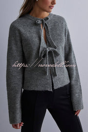 Solid Color Loose Long Sleeve Lace-up Knitted Cardigan