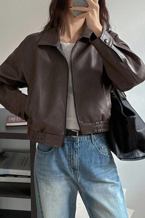Fashion Lapel Long Sleeve Casual Pocket Short Leather Jacket