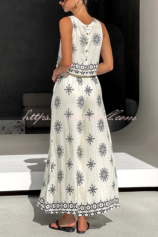 Unique Printed Round Neck Sleeveless Button Top and Elastic Waist Pocket Wide Leg Pants Set