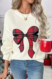 Christmas Plaid Bowknot Round Neck Long Sleeve Loose Knitted Sweater