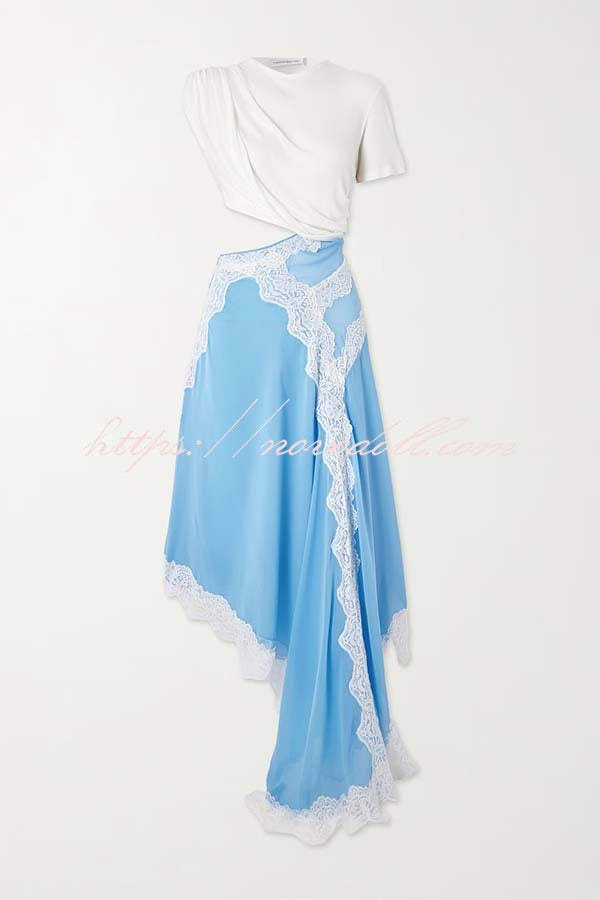 Verve Ribbed Jersey Cutout Waist Asymmetric Satin Lace Hem Maxi Dress