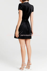 Regan Luxurious Velvet Jewel-encrusted Turtleneck Short Sleeve Pocket Tulip Mini Dress