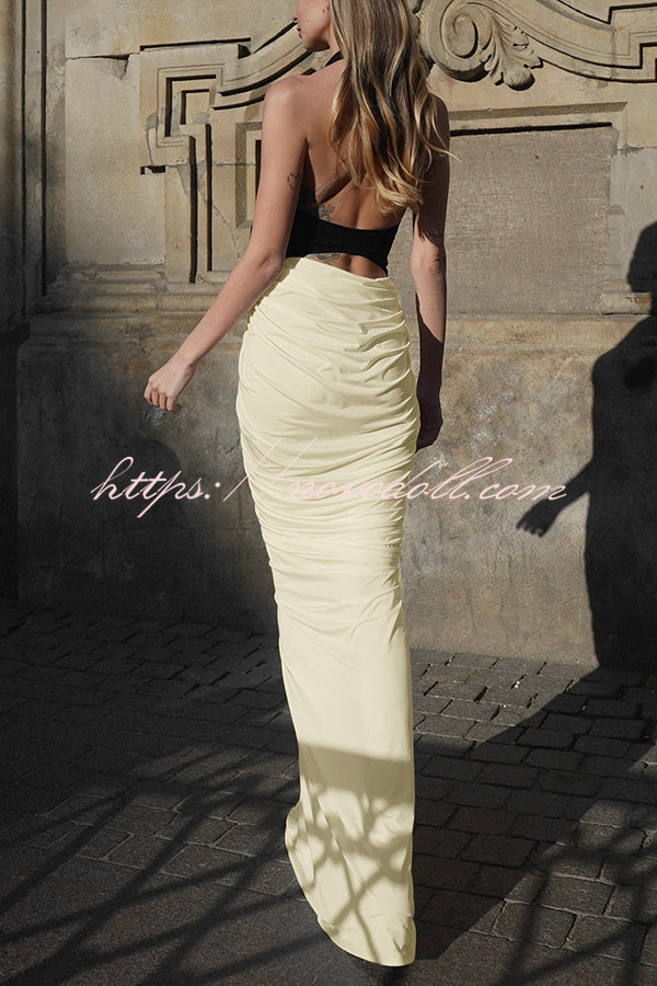Fashionable Contrast Color Open Back Side Pleated Draped Maxi Dress