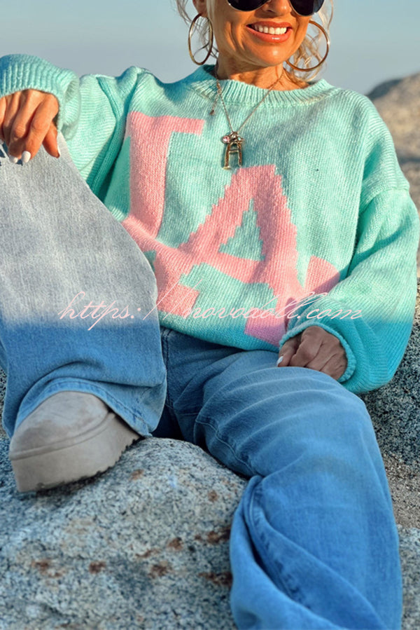 Letter Pattern Crew Neck Long Sleeve Loose Knit Sweater