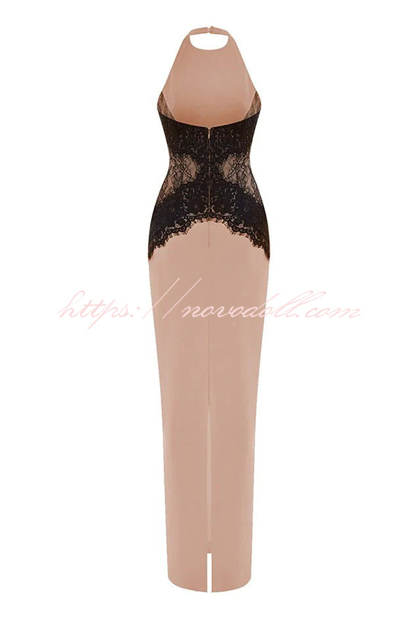 Sexy Halterneck Lace Paneled Backless Slim Maxi Dress