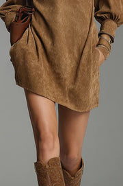 Stylish Loose-fitting Suede Zip-up V-neck Mini Dress