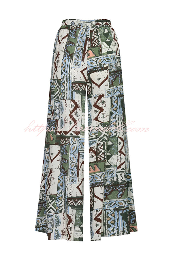 Terrace View Off Shoulder Tie Loose Top and Elastic Waist Unique Print Loose Pants Set