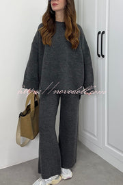 Solid Color Loose Long-sleeved Knit Top and Elastic Waist Casual Straight Leg Pants Set