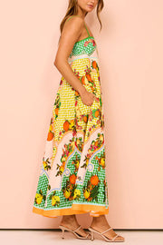 Enjoy Summer Lemon Linen Blend Unique Print Smocked Back Pocket Maxi Dress