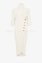 Elegant Look Linen Blend Stand Lapel Neck Half Sleeve Side Button Midi Dress