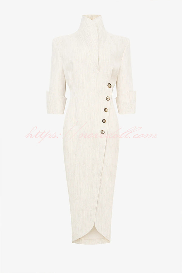 Elegant Look Linen Blend Stand Lapel Neck Half Sleeve Side Button Midi Dress