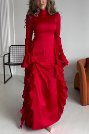 Cline Solid Color High Neck Long Sleeve Elegant Ruffles Maxi Dress