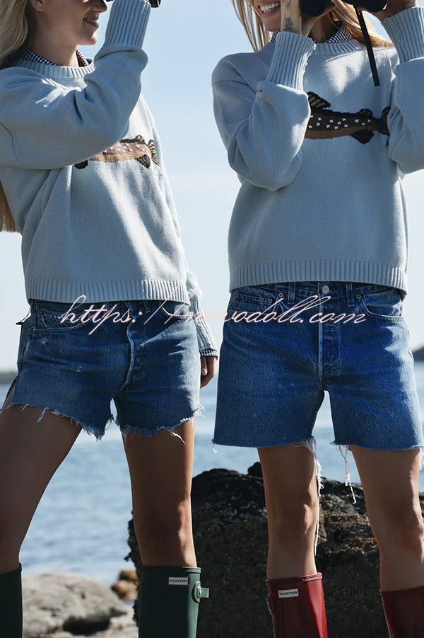 Fashionable Fish Pattern Round Neck Loose Knitted Sweater