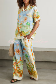 Unique Printed Lapel Short Sleeve Loose Shirt and Elastic Waist Casual Pocket Vacation Pants Set