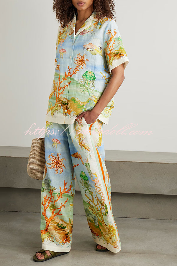 Unique Printed Lapel Short Sleeve Loose Shirt and Elastic Waist Casual Pocket Vacation Pants Set