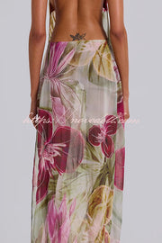 Floral Print Sexy Backless Slit See-Through Holiday Maxi Dress