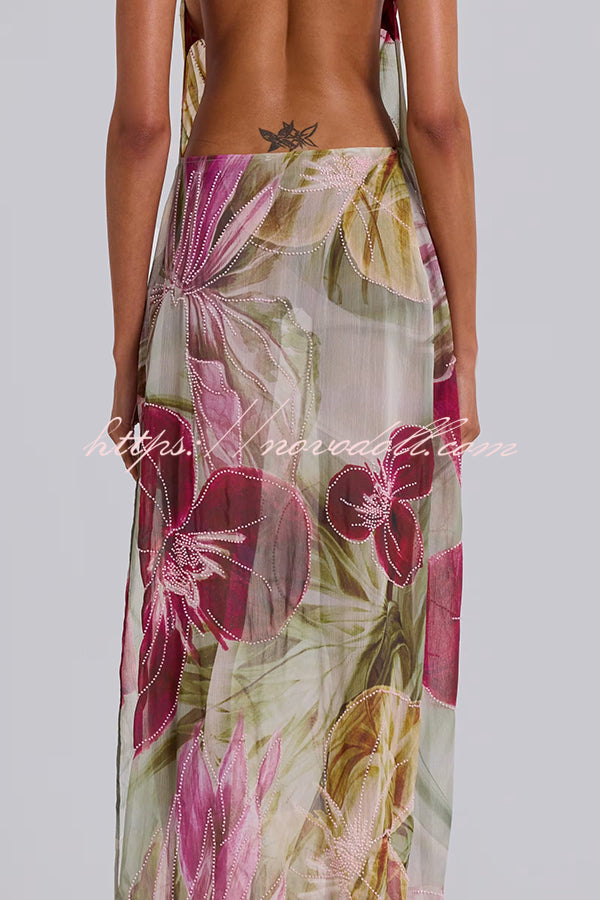 Floral Print Sexy Backless Slit See-Through Holiday Maxi Dress