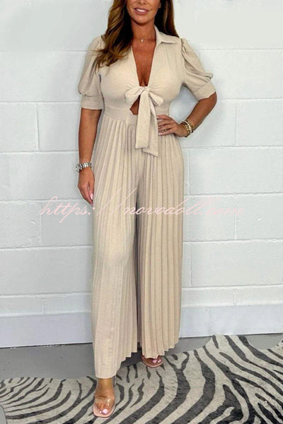 Solid Color V-neck Puff Sleeves Lace Up Loose Pleated Casual Jumpsuit