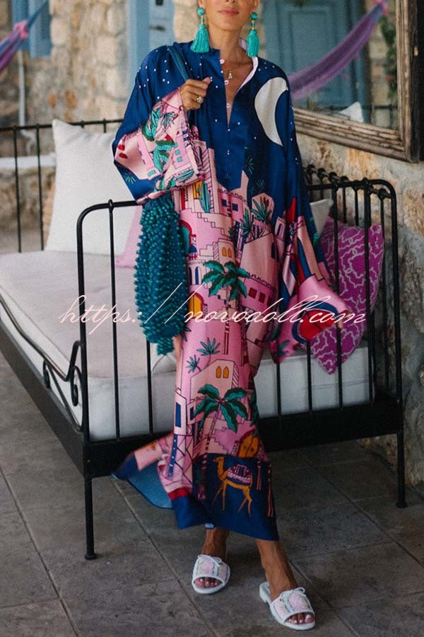 Seaside Stroll Satin Unique Print Button Up Long Sleeve Slit Kaftan Midi Dress