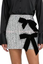 Holiday Party Sequin Velvet Bow Detail High Rise Stretch Mini Skirt