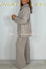 Solid Color Lapel Long-sleeved Loose Top and Elastic Waist Casual Pants Set