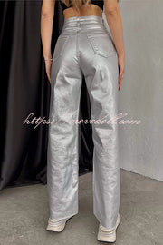 Stylish Metallic Fabric Pocket Casual Straight Wide-Leg Pants