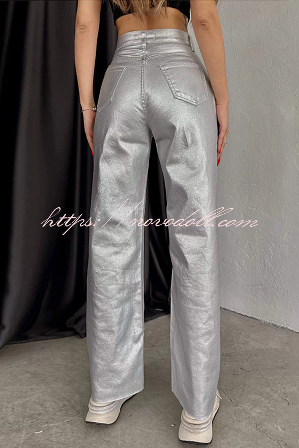 Stylish Metallic Fabric Pocket Casual Straight Wide-Leg Pants
