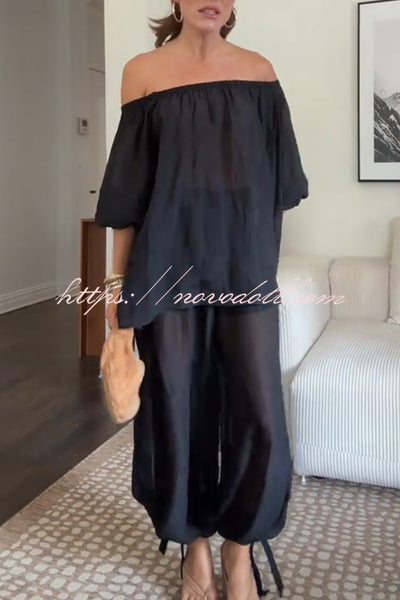 Comfortable Area Chiffon Off Shoulder Balloon Sleeve Top and Elastic Waist Knotted Bloomer Set