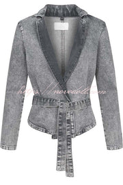 Casual Meetup Denim Stand Neck Long Sleeve Belted Loose Jacket