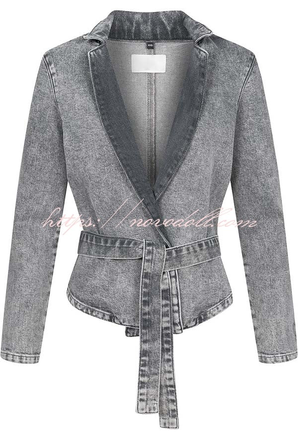 Casual Meetup Denim Stand Neck Long Sleeve Belted Loose Jacket