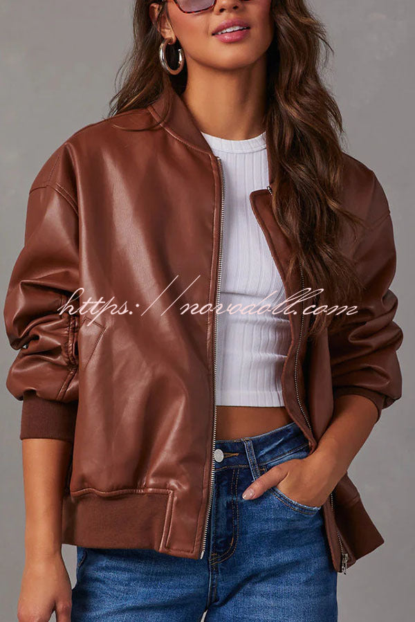 Solid Color Long Sleeve Loose Pocket Leather Jacket