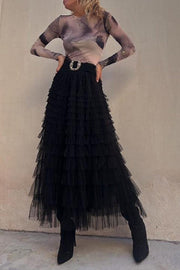 Be Your Own City Queen Tiered Elastic Waist Tulle Maxi Skirt