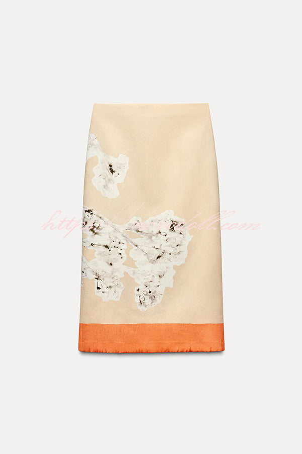 Avani Linen Blend Flower Print High Rise Pencil Slit Midi Skirt