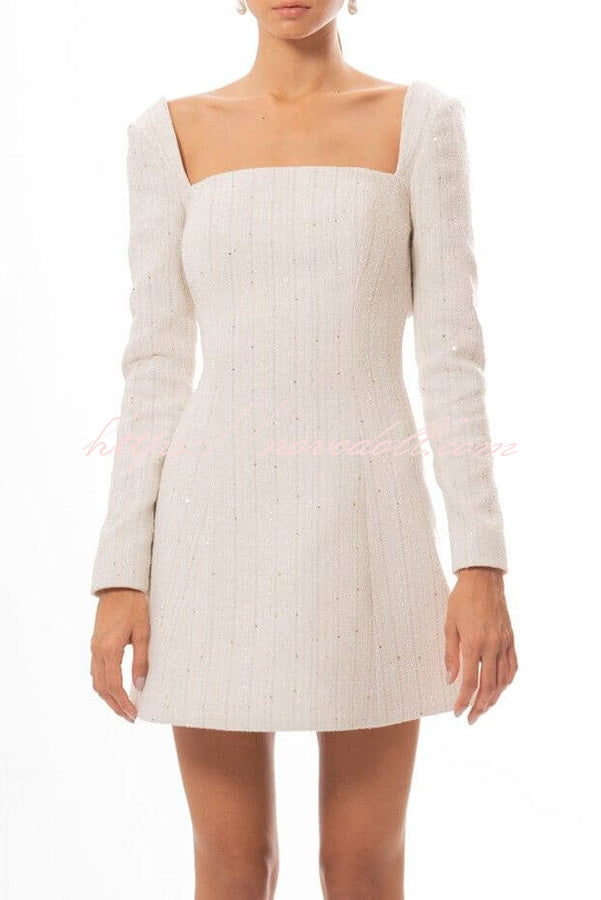 Chic Playful Vibes Tweed Square Neck Open Back Bows Mini Dress