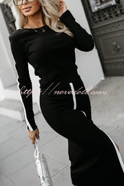 Stylish Paneled Long Sleeve Crew Neck Top and Elastic Waist Slit Midi Skirt Set