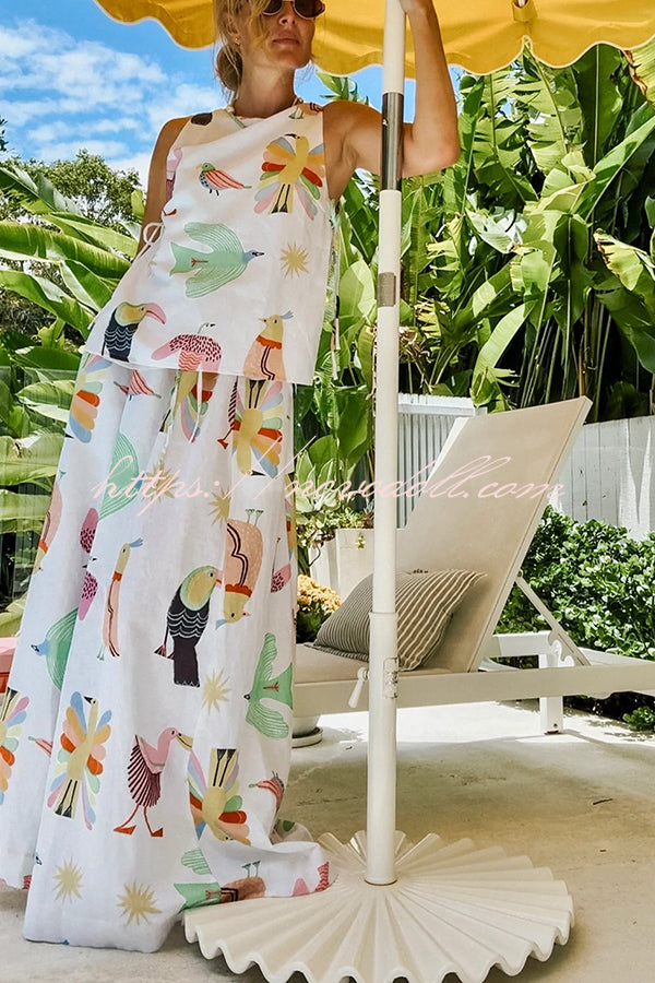 Island Paradise Linen Blend Unique Print Tie-up Slit Tank and Elastic Waist Pocketed Maxi Skirt Set